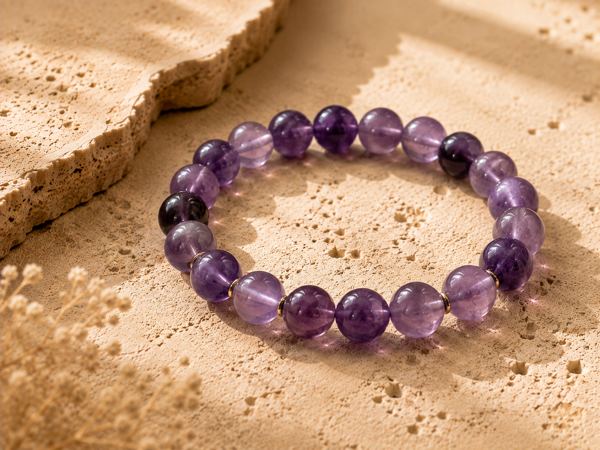 Amethyst crystal beads with purple and lavender tones on a warm beige surface