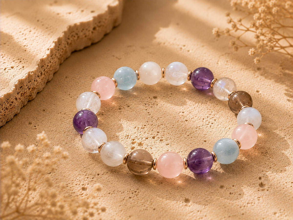 Calming crystal beads including amethyst, aquamarine, moonstone, rose quartz, smoky quartz, and clear quartz on a warm stone surface