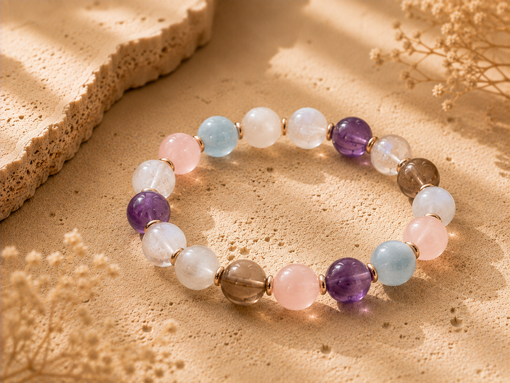 Calming crystal beads including amethyst, aquamarine, moonstone, rose quartz, smoky quartz, and clear quartz on a warm stone surface