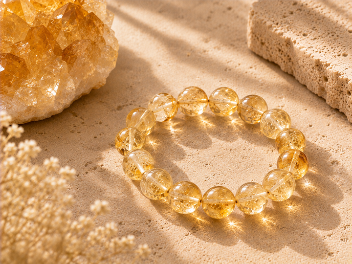 Citrine crystal beads with honey yellow and golden translucent tones on a warm stone surface