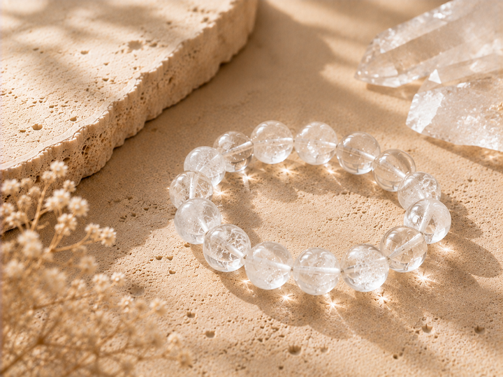 Clear quartz crystal beads with transparent and milky natural inclusions on a warm stone surface