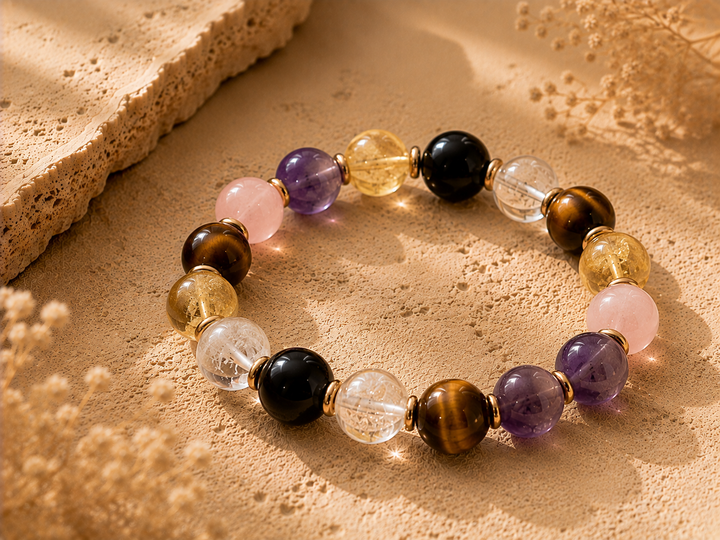 Aries crystal beads including tiger eye, citrine, clear quartz, black obsidian, amethyst, and rose quartz on a warm stone surface