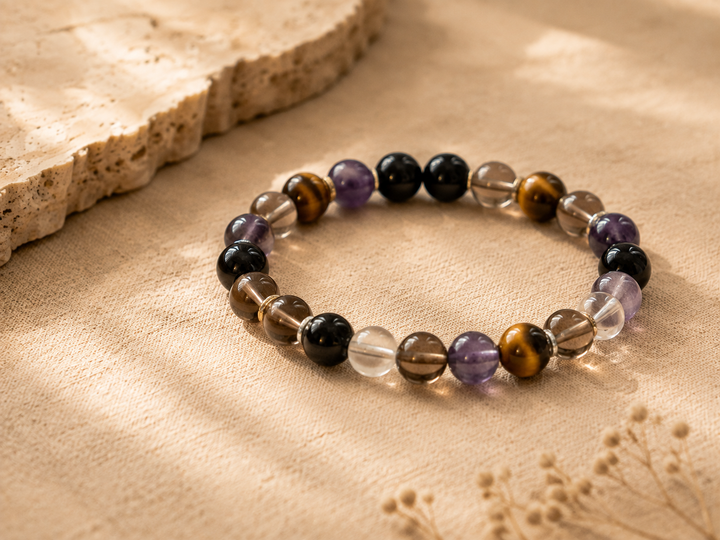 Protection crystal bracelet with obsidian smoky quartz tiger eye and amethyst beads