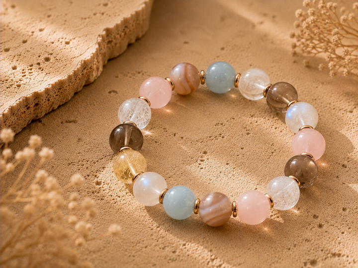 Taurus crystal beads including rose quartz, agate, smoky quartz, citrine, moonstone, aquamarine, and clear quartz on a warm stone surface