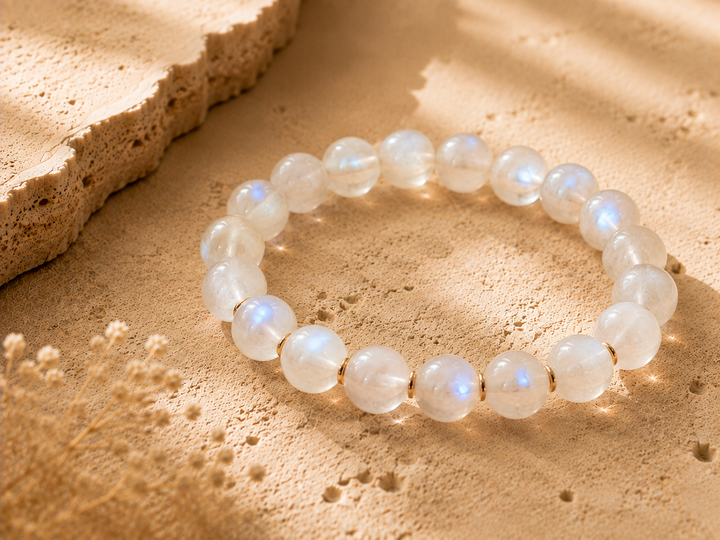 Moonstone crystal beads with soft white glow and subtle blue flash on a warm stone surface