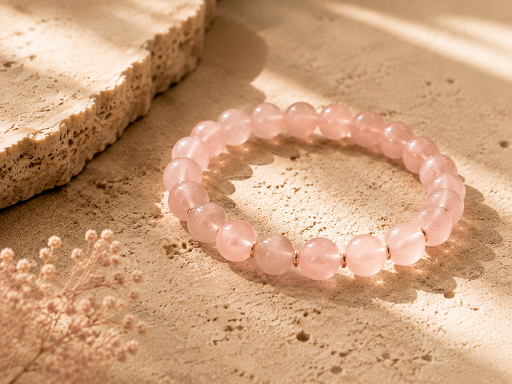 Rose quartz crystal beads with soft pink color on a warm stone surface