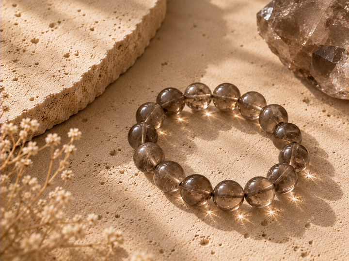 Smoky quartz crystal beads with translucent brown gray tones on a warm stone surface