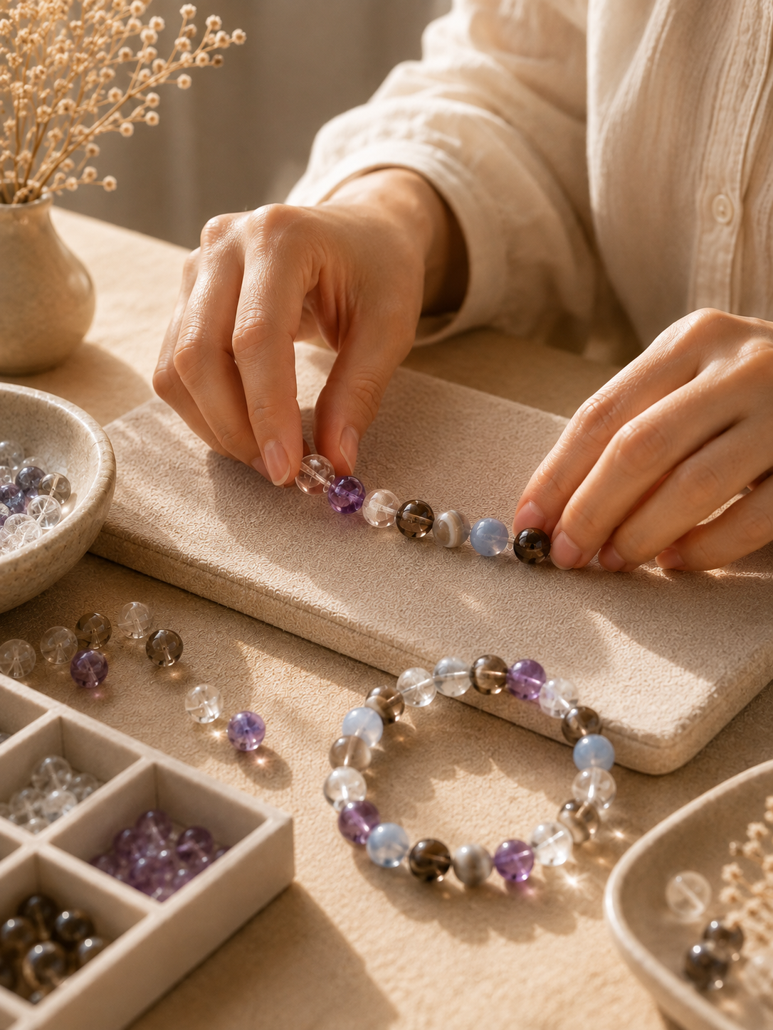 Crystal bracelet worn near the wrist