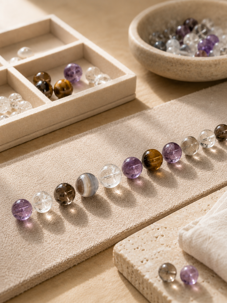 Selected crystal beads prepared for bracelet assembly