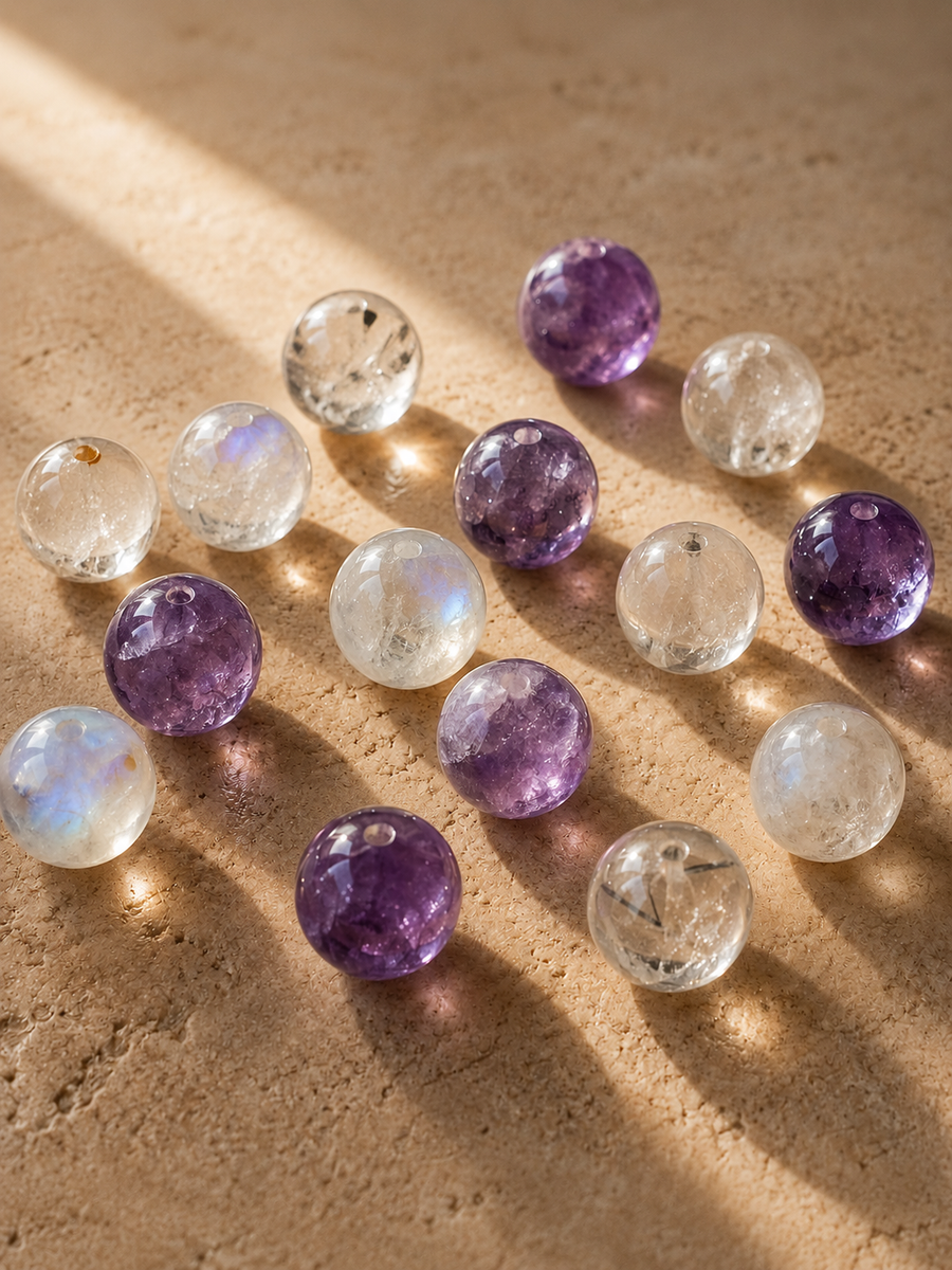 Natural crystal beads with visible color bands and inclusions